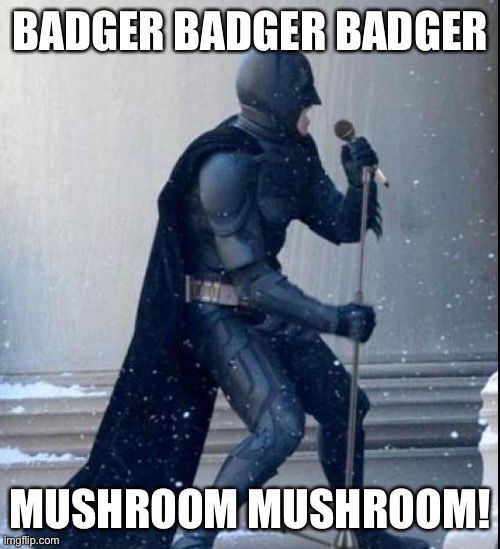 Batman sings badger song | BADGER BADGER BADGER; MUSHROOM MUSHROOM! | image tagged in singing batman | made w/ Imgflip meme maker