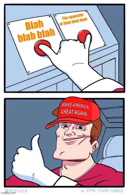 MAGA two buttons | Blah blah blah The opposite of blah blah blah | image tagged in maga two buttons | made w/ Imgflip meme maker