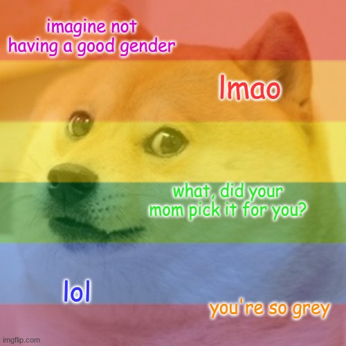 random meme i saw and i remade it | imagine not having a good gender; lmao; what, did your mom pick it for you? lol; you're so grey | image tagged in lgbtq | made w/ Imgflip meme maker