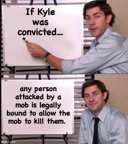 On the government feels the need to appease the protesters | If Kyle was convicted... any person attacked by a mob is legally bound to allow the mob to kill them. | image tagged in smug jim explains,memes,politics lol | made w/ Imgflip meme maker