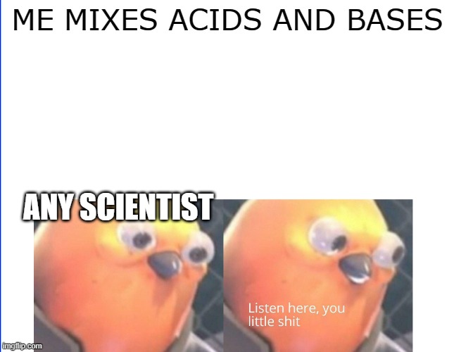 Listen here you little shit |  ME MIXES ACIDS AND BASES; ANY SCIENTIST | image tagged in listen here you little shit | made w/ Imgflip meme maker