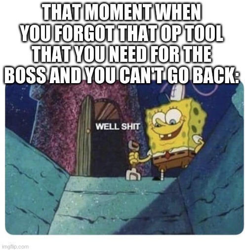 Gamer moments | THAT MOMENT WHEN YOU FORGOT THAT OP TOOL THAT YOU NEED FOR THE BOSS AND YOU CAN'T GO BACK: | image tagged in well shit spongebob edition,boss,relatable,funny memes | made w/ Imgflip meme maker