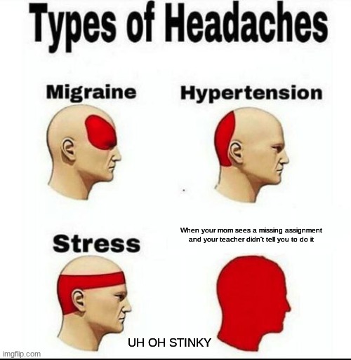 Types of Headaches meme | When your mom sees a missing assignment and your teacher didn't tell you to do it; UH OH STINKY | image tagged in types of headaches meme | made w/ Imgflip meme maker