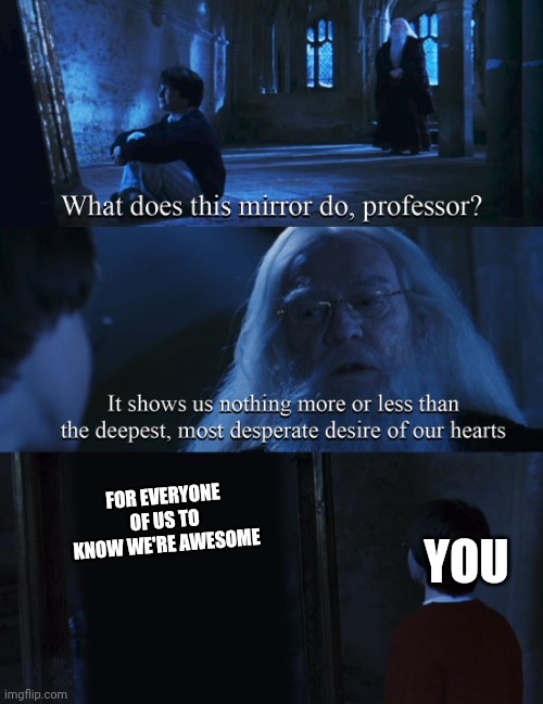 Harry potter mirror | FOR EVERYONE OF US TO KNOW WE'RE AWESOME YOU | image tagged in harry potter mirror | made w/ Imgflip meme maker