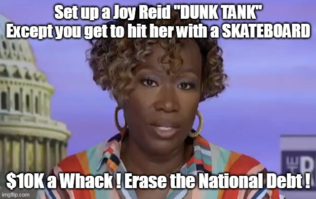 How, how does this thing exist ? | Set up a Joy Reid "DUNK TANK"
Except you get to hit her with a SKATEBOARD; $10K a Whack ! Erase the National Debt ! | made w/ Imgflip meme maker