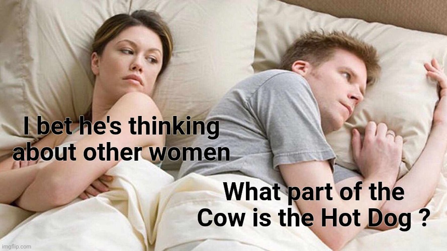 Sweet mysteries of life |  I bet he's thinking about other women; What part of the Cow is the Hot Dog ? | image tagged in memes,i bet he's thinking about other women,hot dog,mustard,what the hell is this | made w/ Imgflip meme maker