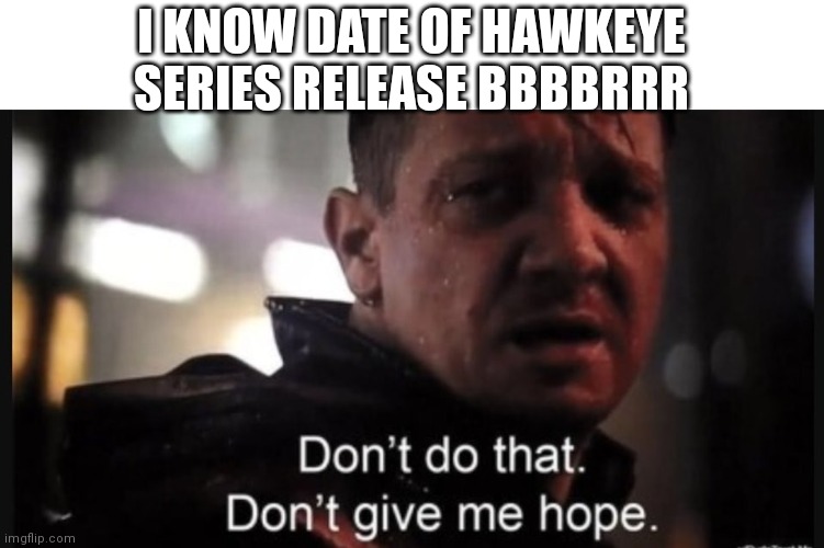 I know date of Hawkeye Series release BBBBRRR | I KNOW DATE OF HAWKEYE SERIES RELEASE BBBBRRR | image tagged in hawkeye ''don't give me hope'' | made w/ Imgflip meme maker