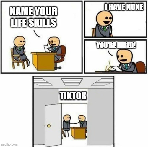 TikTok sucks. | I HAVE NONE; NAME YOUR LIFE SKILLS; YOU'RE HIRED! TIKTOK | image tagged in you're hired | made w/ Imgflip meme maker