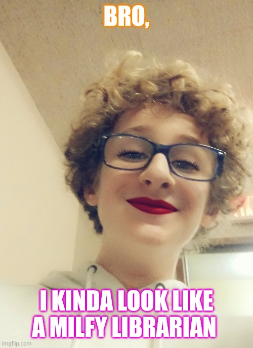 I'm not drunk anymore | BRO, I KINDA LOOK LIKE A MILFY LIBRARIAN | image tagged in eeee | made w/ Imgflip meme maker