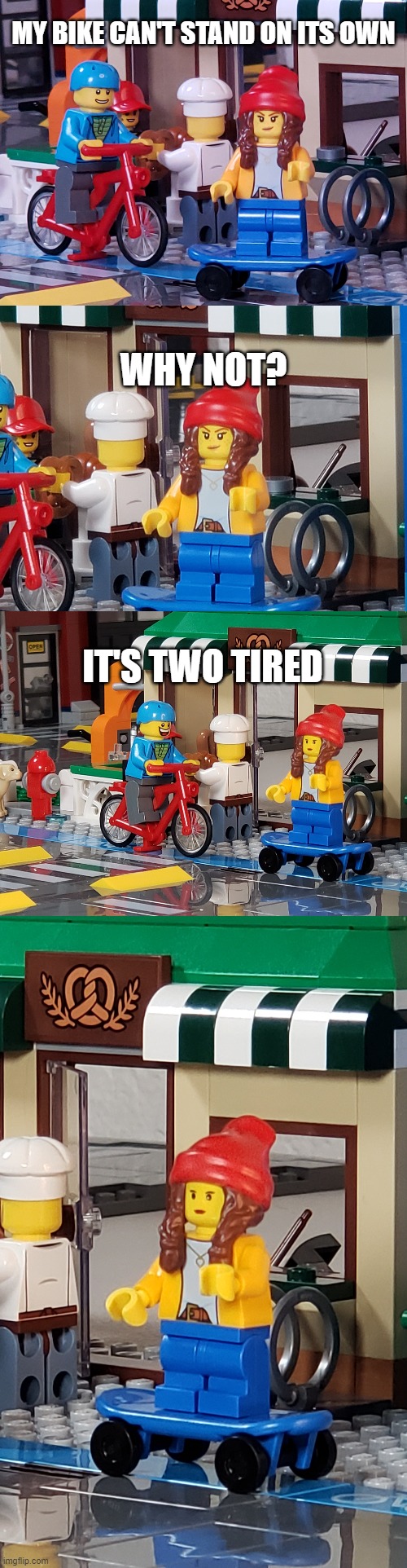 Bike | MY BIKE CAN'T STAND ON ITS OWN; WHY NOT? IT'S TWO TIRED | image tagged in dad joke,dad jokes,bad pun,legos | made w/ Imgflip meme maker
