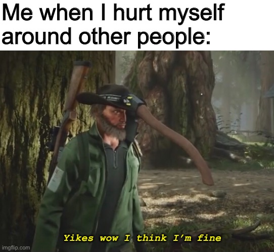 I think I’m ok | Me when I hurt myself around other people:; Yikes wow I think I’m fine | image tagged in painful,philosoraptor | made w/ Imgflip meme maker