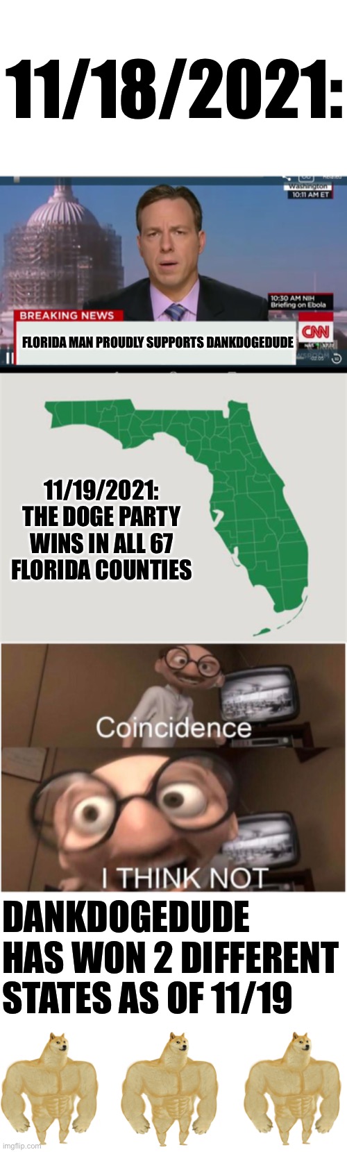 Hopefully I’ll be able to enter the next election in December | 11/18/2021:; FLORIDA MAN PROUDLY SUPPORTS DANKDOGEDUDE; 11/19/2021: THE DOGE PARTY WINS IN ALL 67 FLORIDA COUNTIES; DANKDOGEDUDE HAS WON 2 DIFFERENT STATES AS OF 11/19 | image tagged in coincidence i think not,florida man,oh wow are you actually reading these tags | made w/ Imgflip meme maker