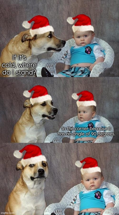 CHRISTMAS SPECIAL | The 90-Degree Joke | If it's cold, where do I stand? In the corner because it has an angle of 90 degrees. | image tagged in memes,dad joke dog | made w/ Imgflip meme maker