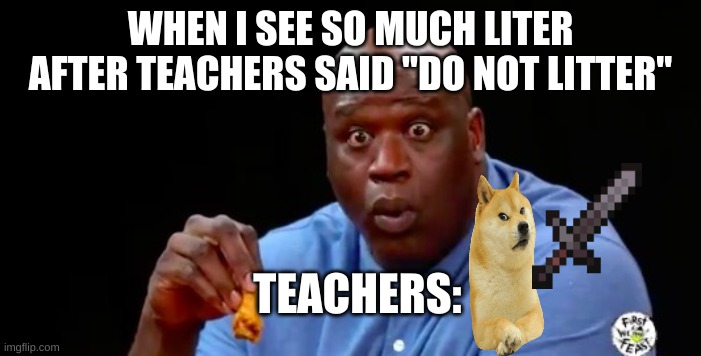 surprised shaq | WHEN I SEE SO MUCH LITER AFTER TEACHERS SAID "DO NOT LITTER"; TEACHERS: | image tagged in surprised shaq | made w/ Imgflip meme maker