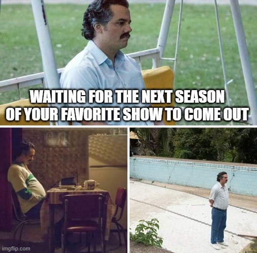 Sad Pablo Escobar | WAITING FOR THE NEXT SEASON OF YOUR FAVORITE SHOW TO COME OUT | image tagged in memes,sad pablo escobar | made w/ Imgflip meme maker