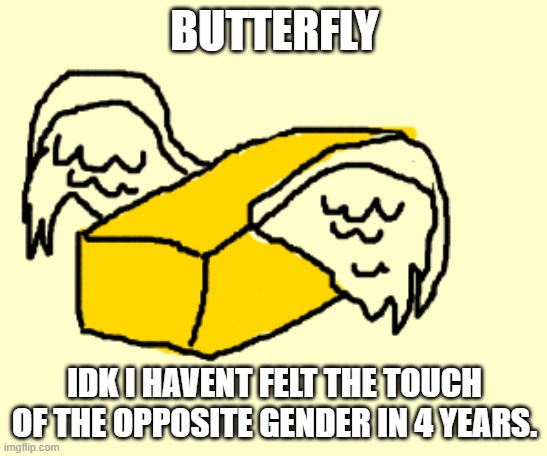 what da butter doin | BUTTERFLY; IDK I HAVENT FELT THE TOUCH OF THE OPPOSITE GENDER IN 4 YEARS. | image tagged in memes,funny | made w/ Imgflip meme maker