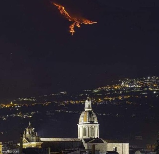 Lava Phoenix  (eruption of Mt. Etna, Sicily) | image tagged in lava,phoenix,optical illusion,night sky | made w/ Imgflip meme maker