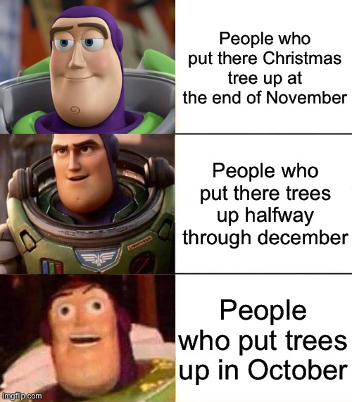 Why? | People who put there Christmas tree up at the end of November; People who put there trees up halfway through december; People who put trees up in October | image tagged in better best blurst lightyear edition,christmas,tree,buzz lightyear,funny | made w/ Imgflip meme maker