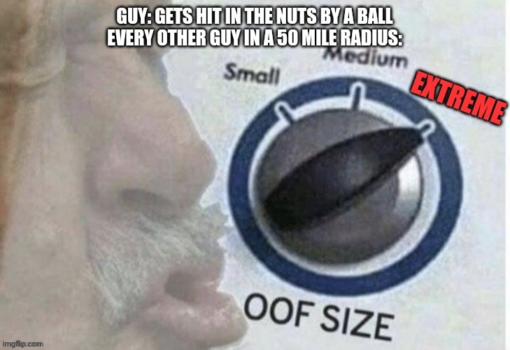 It's not the initial impact its what follows it | GUY: GETS HIT IN THE NUTS BY A BALL
EVERY OTHER GUY IN A 50 MILE RADIUS: | image tagged in oof size extreme | made w/ Imgflip meme maker