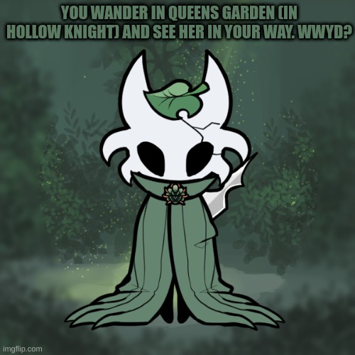 hollow knight bc yes (also this is inspired by Random_Kitten_Gacha) | YOU WANDER IN QUEENS GARDEN (IN HOLLOW KNIGHT) AND SEE HER IN YOUR WAY. WWYD? | image tagged in hollow knight,vessel,queens garden,plants,combat,talk | made w/ Imgflip meme maker