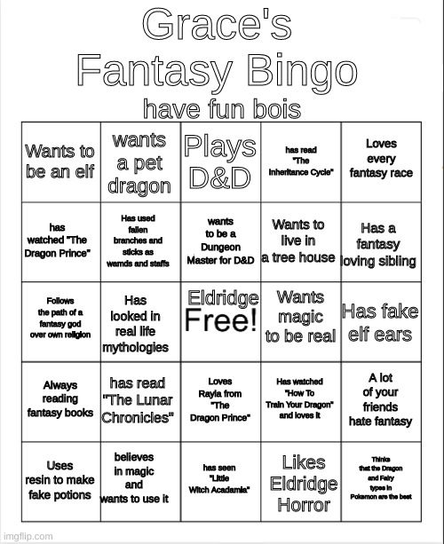 Fantasy Bingo! | Grace's Fantasy Bingo; have fun bois; Plays D&D; wants a pet dragon; Loves every fantasy race; Wants to be an elf; has read "The Inheritance Cycle"; wants to be a Dungeon Master for D&D; has watched "The Dragon Prince"; Has a fantasy loving sibling; Wants to live in a tree house; Has used fallen branches and sticks as wamds and staffs; Eldridge; Wants magic to be real; Follows the path of a fantasy god over own religion; Has fake elf ears; Has looked in real life mythologies; Always reading fantasy books; has read "The Lunar Chronicles"; A lot of your friends hate fantasy; Has watched "How To Train Your Dragon" and loves it; Loves Rayla from "The Dragon Prince"; believes in magic and wants to use it; Uses resin to make fake potions; Thinks that the Dragon and Fairy types in Pokemon are the best; has seen "Little Witch Acadamia"; Likes Eldridge Horror | made w/ Imgflip meme maker