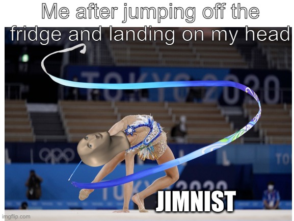 jimnist | Me after jumping off the fridge and landing on my head; JIMNIST | image tagged in fun,gymnastics | made w/ Imgflip meme maker