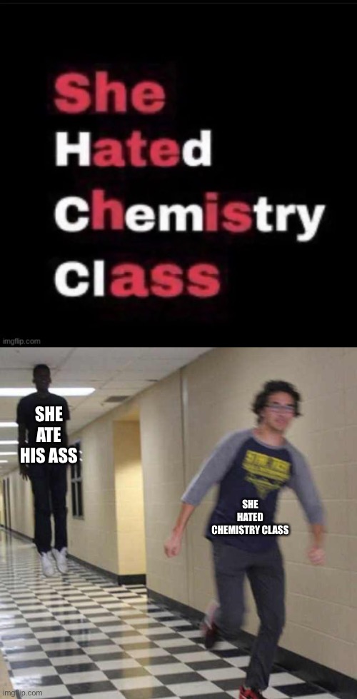 SHE ATE HIS ASS; SHE HATED CHEMISTRY CLASS | image tagged in floating boy chasing running boy | made w/ Imgflip meme maker