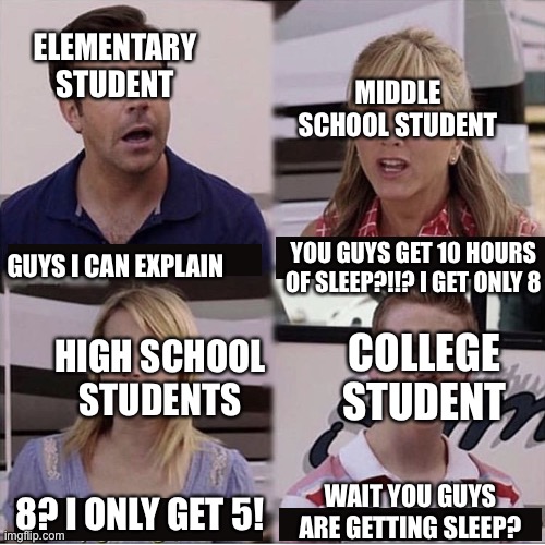 Sorry if this a repost |  ELEMENTARY STUDENT; MIDDLE SCHOOL STUDENT; YOU GUYS GET 10 HOURS OF SLEEP?!!? I GET ONLY 8; GUYS I CAN EXPLAIN; COLLEGE STUDENT; HIGH SCHOOL STUDENTS; WAIT YOU GUYS ARE GETTING SLEEP? 8? I ONLY GET 5! | image tagged in you guys are getting paid template,memes,school,sleep,i sleep,barney will eat all of your delectable biscuits | made w/ Imgflip meme maker