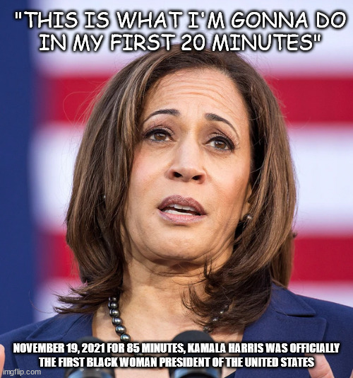 History was made today | "THIS IS WHAT I'M GONNA DO
 IN MY FIRST 20 MINUTES"; NOVEMBER 19, 2021 FOR 85 MINUTES, KAMALA HARRIS WAS OFFICIALLY
THE FIRST BLACK WOMAN PRESIDENT OF THE UNITED STATES | image tagged in impeach kamala | made w/ Imgflip meme maker