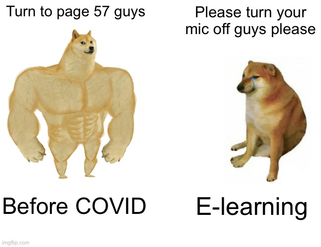 Funny hehehehe | Turn to page 57 guys; Please turn your mic off guys please; Before COVID; E-learning | image tagged in memes,buff doge vs cheems | made w/ Imgflip meme maker