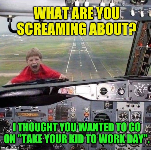 What a flybaby | WHAT ARE YOU SCREAMING ABOUT? I THOUGHT YOU WANTED TO GO ON "TAKE YOUR KID TO WORK DAY". | image tagged in pilot,take your kid to work day,screaming,kid,outside,airplane | made w/ Imgflip meme maker