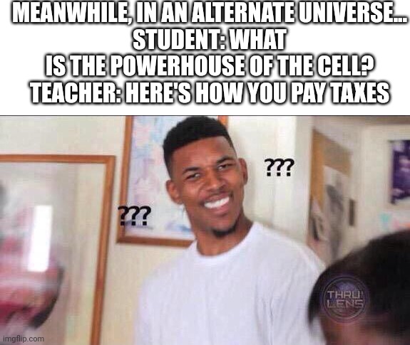 Black guy confused | MEANWHILE, IN AN ALTERNATE UNIVERSE...
STUDENT: WHAT IS THE POWERHOUSE OF THE CELL?
TEACHER: HERE'S HOW YOU PAY TAXES | image tagged in black guy confused | made w/ Imgflip meme maker
