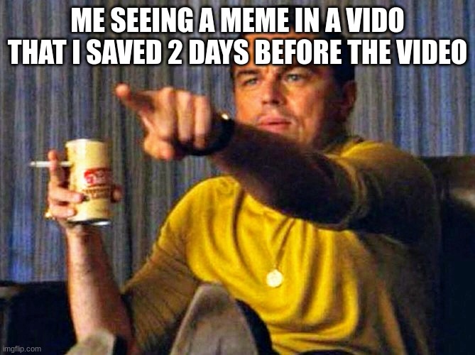 this is my first meme | ME SEEING A MEME IN A VIDO THAT I SAVED 2 DAYS BEFORE THE VIDEO | image tagged in leonardo dicaprio pointing at tv | made w/ Imgflip meme maker