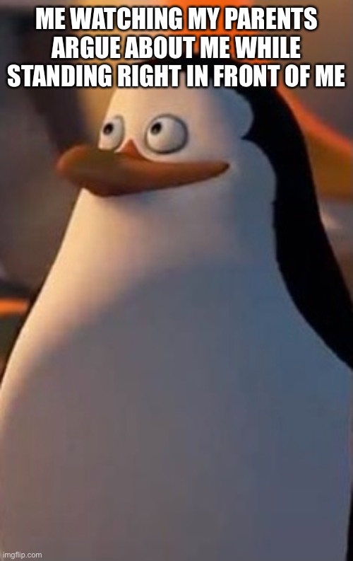 Stressed penguin | ME WATCHING MY PARENTS ARGUE ABOUT ME WHILE STANDING RIGHT IN FRONT OF ME | image tagged in penguin | made w/ Imgflip meme maker