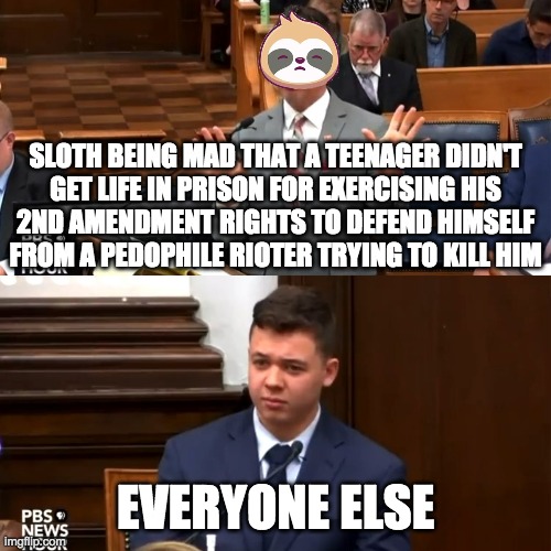 Not guilty! Cry more libs! | SLOTH BEING MAD THAT A TEENAGER DIDN'T
GET LIFE IN PRISON FOR EXERCISING HIS
2ND AMENDMENT RIGHTS TO DEFEND HIMSELF
FROM A PEDOPHILE RIOTER TRYING TO KILL HIM; EVERYONE ELSE | image tagged in kyle rittenhouse reaction | made w/ Imgflip meme maker