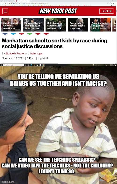 Divide to Conquer | YOU'RE TELLING ME SEPARATING US BRINGS US TOGETHER AND ISN'T RACIST? CAN WE SEE THE TEACHING SYLLABUS? 
CAN WE VIDEO TAPE THE TEACHERS - NOT THE CHILDREN?
I DIDN'T THINK SO. | image tagged in divide by race,racist,child please | made w/ Imgflip meme maker