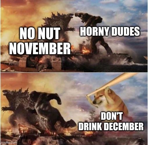 NNN and DDD | HORNY DUDES; NO NUT NOVEMBER; DON'T DRINK DECEMBER | image tagged in kong godzilla doge | made w/ Imgflip meme maker