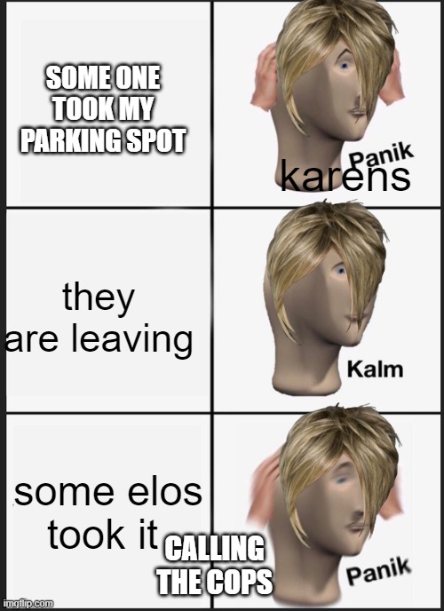 Panik Kalm Panik | SOME ONE TOOK MY PARKING SPOT; karens; they are leaving; some elos took it; CALLING THE COPS | image tagged in memes,panik kalm panik | made w/ Imgflip meme maker