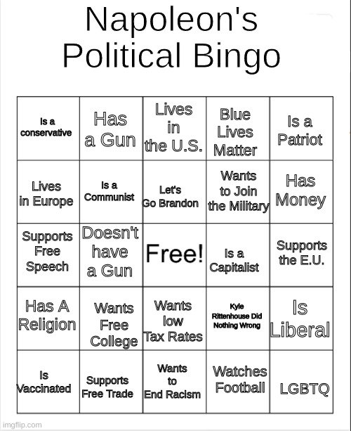 Tried my Best. Rate it 1-10. I recommend you take it. | Napoleon's Political Bingo; Lives in the U.S. Has a Gun; Is a conservative; Blue Lives Matter; Is a Patriot; Has Money; Wants to Join the Military; Is a Communist; Lives in Europe; Let's Go Brandon; Supports Free Speech; Doesn't have a Gun; Supports the E.U. Is a Capitalist; Has A Religion; Is Liberal; Kyle Rittenhouse Did Nothing Wrong; Wants low Tax Rates; Wants Free College; Is Vaccinated; Wants to End Racism; Watches Football; Supports Free Trade; LGBTQ | made w/ Imgflip meme maker