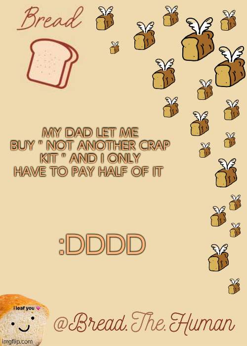 75 dollars gone but idfc | MY DAD LET ME BUY " NOT ANOTHER CRAP KIT " AND I ONLY HAVE TO PAY HALF OF IT; :DDDD | image tagged in bread's bread template | made w/ Imgflip meme maker