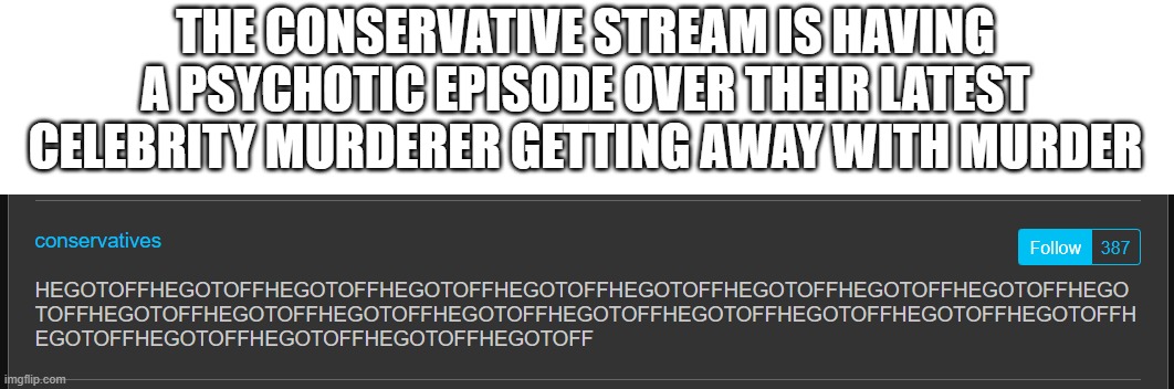 THE CONSERVATIVE STREAM IS HAVING A PSYCHOTIC EPISODE OVER THEIR LATEST CELEBRITY MURDERER GETTING AWAY WITH MURDER | image tagged in conservatives,wft | made w/ Imgflip meme maker