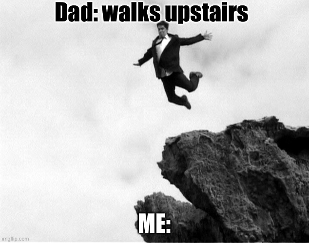 Man Jumping Off a Cliff | Dad: walks upstairs; ME: | image tagged in man jumping off a cliff | made w/ Imgflip meme maker