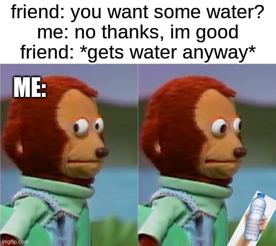 i hate it when this happens | friend: you want some water?
me: no thanks, im good
friend: *gets water anyway*; ME: | image tagged in puppet monkey looking away,awkward,water,water bottle | made w/ Imgflip meme maker