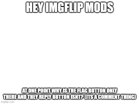I dont like it | HEY IMGFLIP MODS; AT ONE POINT WHY IS THE FLAG BUTTON ONLY THERE AND THEY REPLY BUTTON ISNT? (ITS A COMMENT THING) | image tagged in blank white template | made w/ Imgflip meme maker