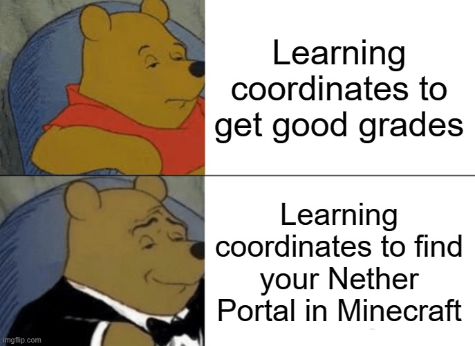 Tuxedo Winnie The Pooh | Learning coordinates to get good grades; Learning coordinates to find your Nether Portal in Minecraft | image tagged in memes,tuxedo winnie the pooh | made w/ Imgflip meme maker