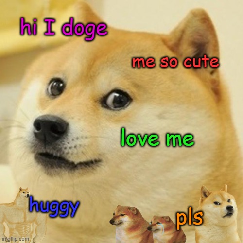 Doge Meme | hi I doge; me so cute; love me; huggy; pls | image tagged in memes,doge | made w/ Imgflip meme maker