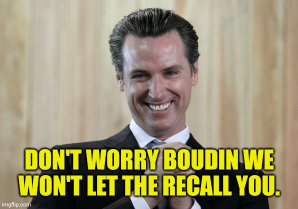 Scheming Gavin Newsom  | DON'T WORRY BOUDIN WE WON'T LET THE RECALL YOU. | image tagged in scheming gavin newsom | made w/ Imgflip meme maker