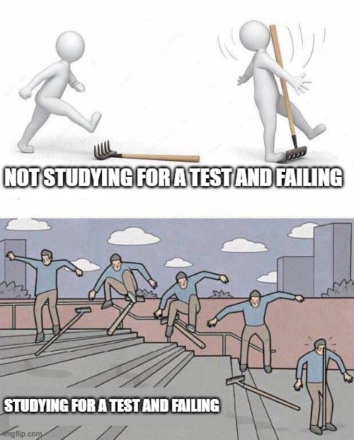Jump on Rake | NOT STUDYING FOR A TEST AND FAILING; STUDYING FOR A TEST AND FAILING | image tagged in jump on rake | made w/ Imgflip meme maker