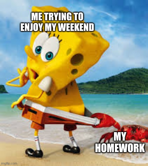 school be like | ME TRYING TO ENJOY MY WEEKEND; MY HOMEWORK | image tagged in funny | made w/ Imgflip meme maker