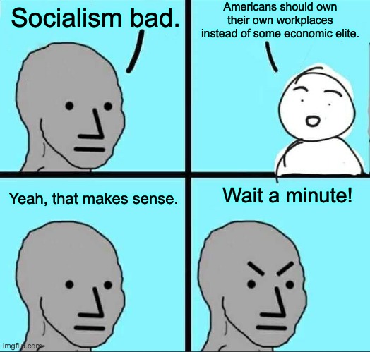 The meaning isn't quite so scary when detached from its buzzword. | Americans should own their own workplaces instead of some economic elite. Socialism bad. Yeah, that makes sense. Wait a minute! | image tagged in npc meme,socialism,means of production,capitalism | made w/ Imgflip meme maker